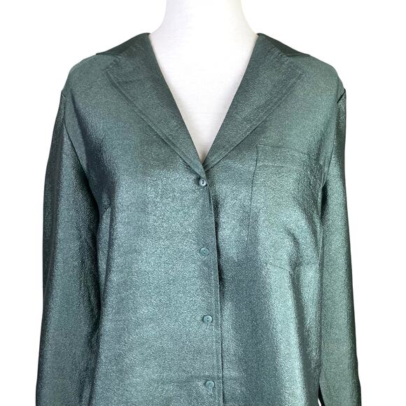 JUST Female Mae Shirt Jade Green Shiny Texture Button Up Long Sleeve Blouse - Picture 6 of 15